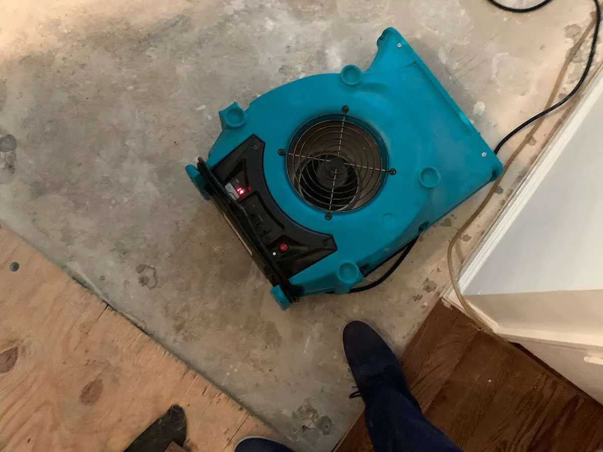 Air mover drying subfloor during Leak Detection & Repair in Dyersburg